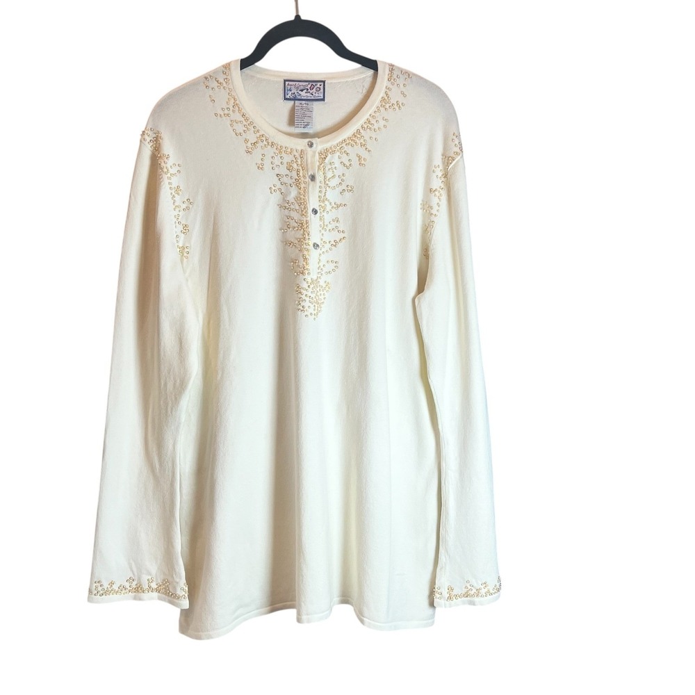 April‎ Cornell Vineyard Tunic Sweater Ivory Sequin Beaded Henley Womens XL